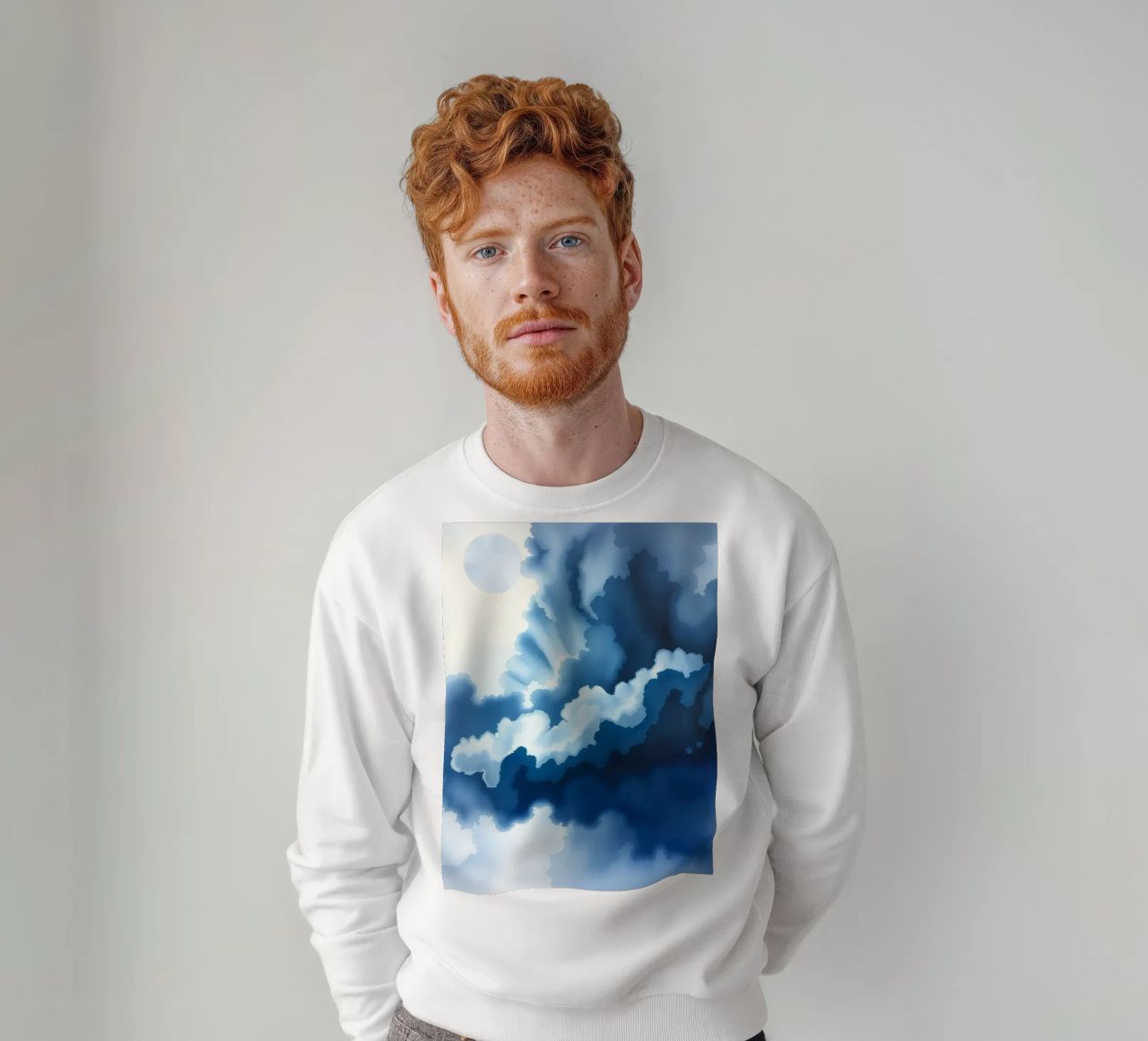Bright clouds reflect light in a calm bluish atmosphere sweatshirt by DesignDoodle