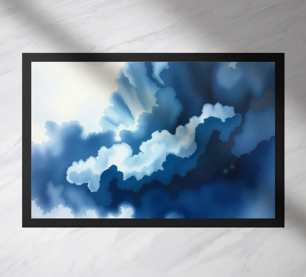 Bright clouds reflect light in a calm bluish atmosphere doormat by DesignDoodle