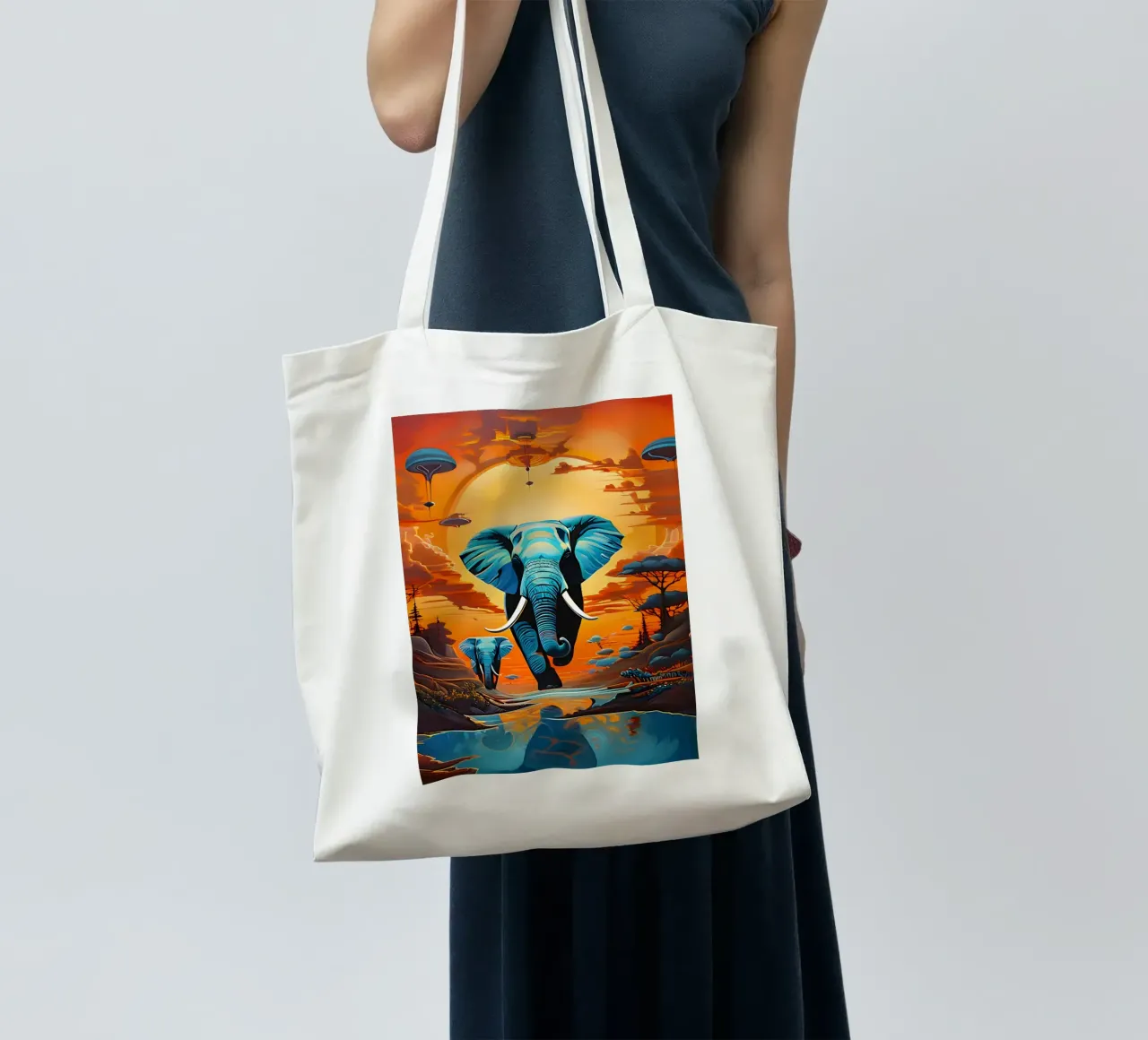surreal abstract-art-flying-elephants borsa in juta da kosinsart.gallery