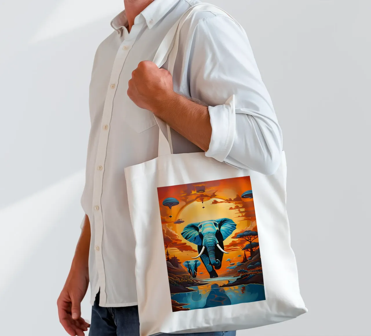 surreal abstract-art-flying-elephants borsa in juta da kosinsart.gallery