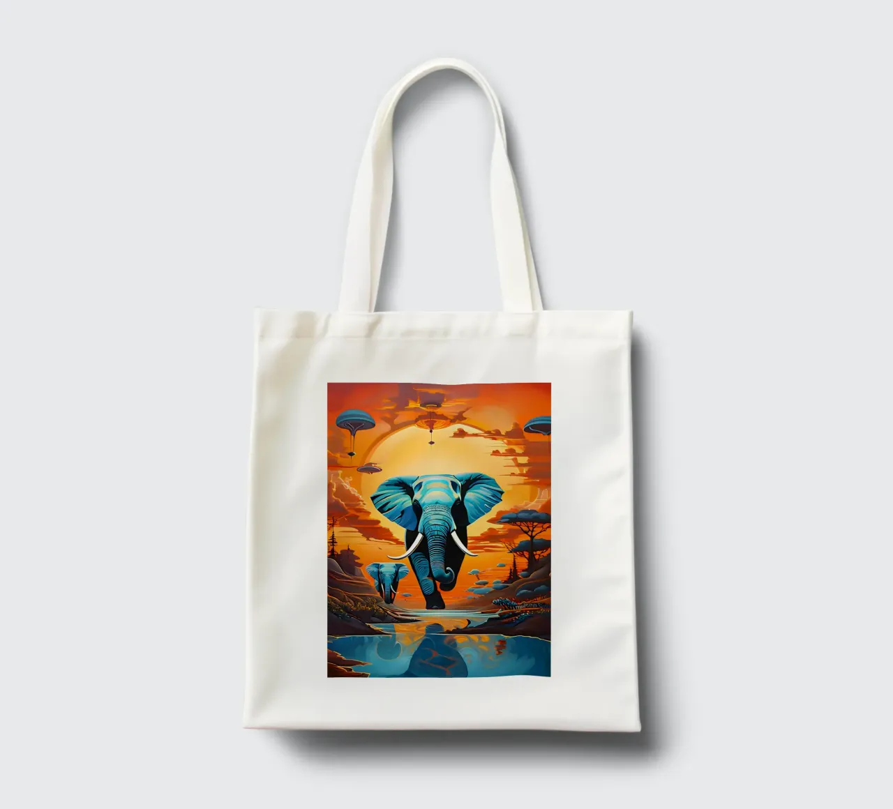 surreal abstract-art-flying-elephants borsa in juta da kosinsart.gallery