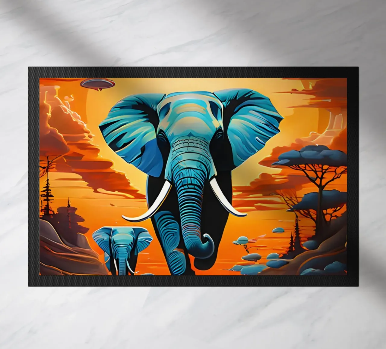 surreal abstract-art-flying-elephants doormat by kosinsart.gallery