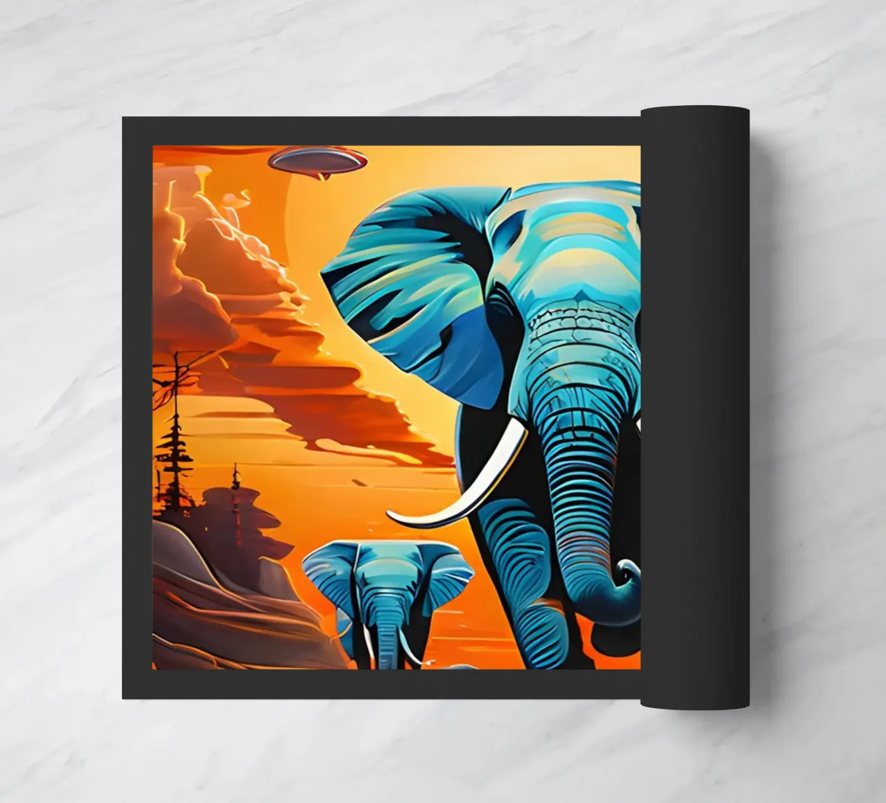 surreal abstract-art-flying-elephants doormat by kosinsart.gallery