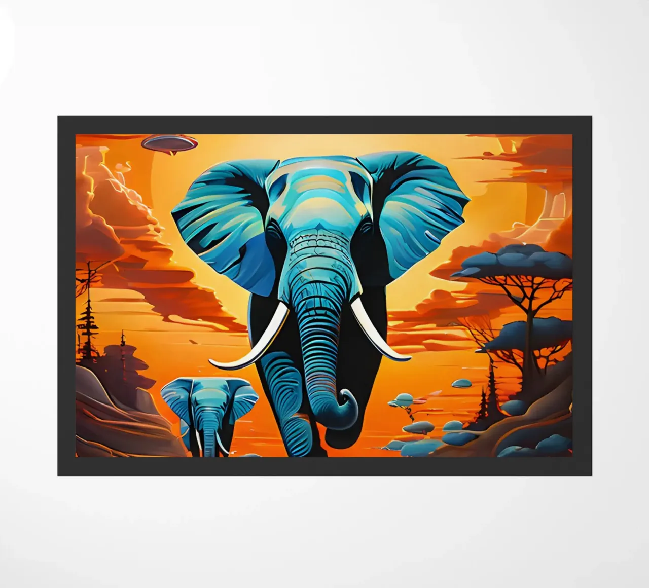 surreal abstract-art-flying-elephants doormat by kosinsart.gallery