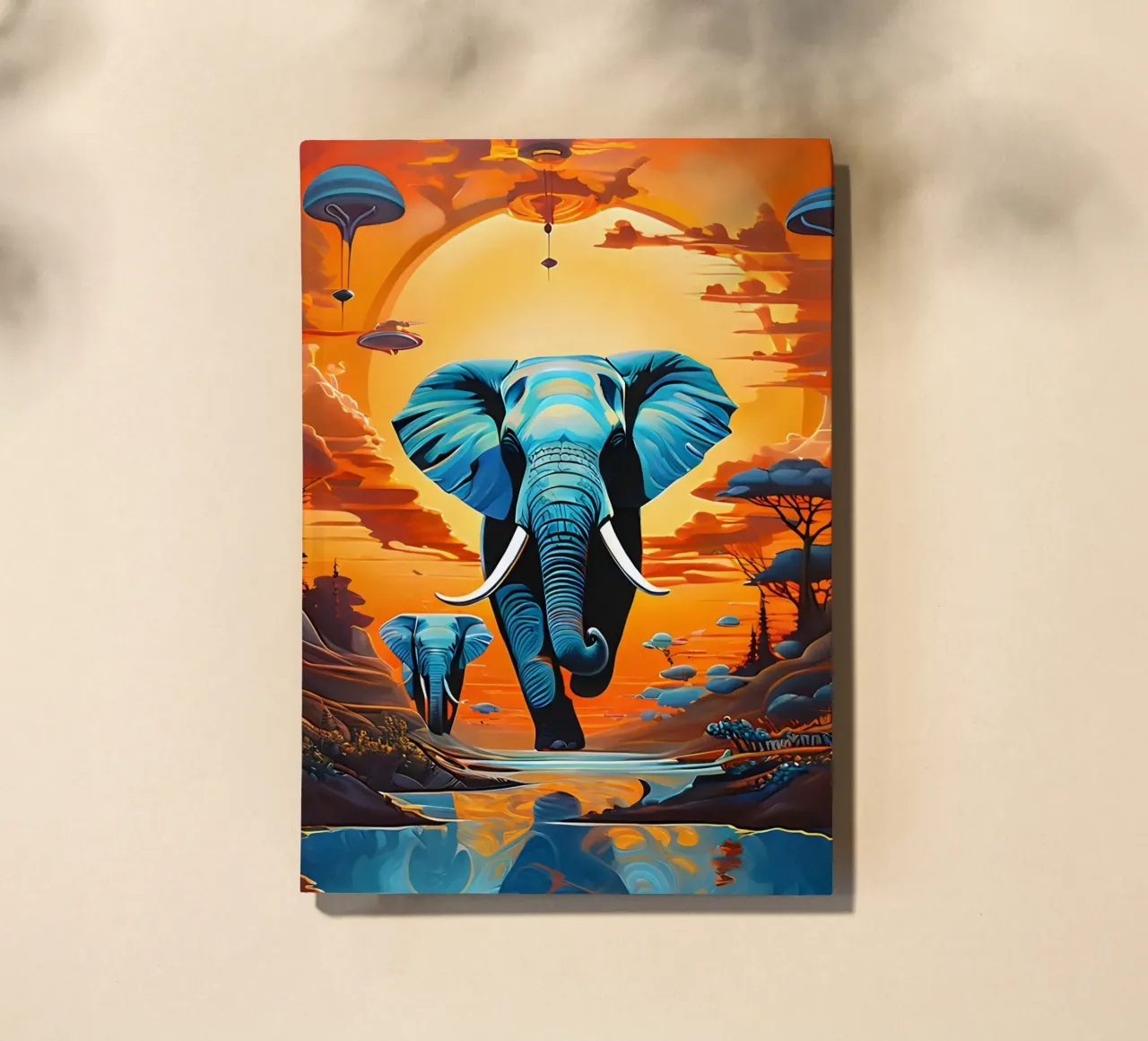 surreal abstract-art-flying-elephants notebook by kosinsart.gallery