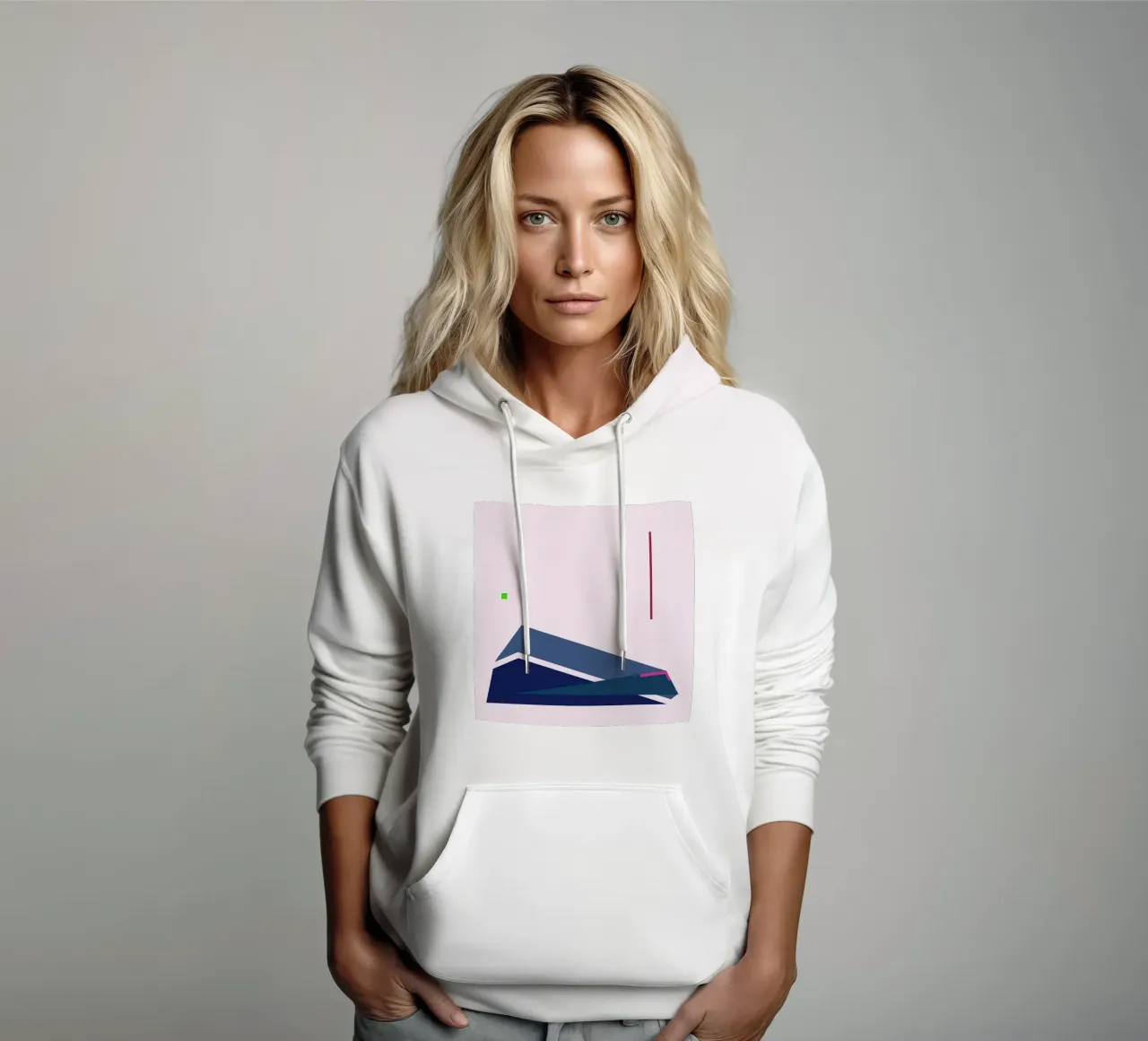 Composizione strutturata con accenti fucsia e blu felpa con cappuccio da Artbyvo