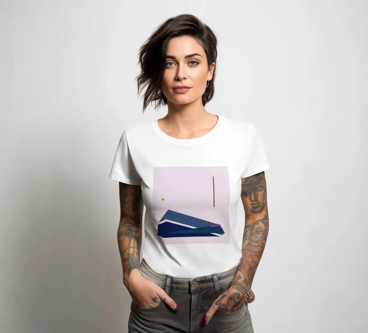 Structured Composition with Fuchsia and Blue Accents women's fitted t-shirt by Artbyvo