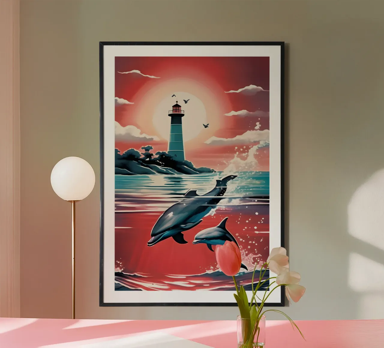 Sonnenuntergang und Leuchtturm poster con telaio in legno da kosinsart.gallery