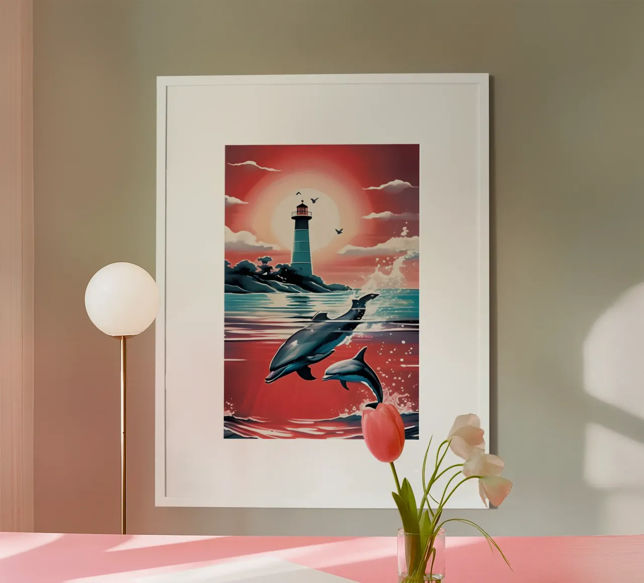 Sonnenuntergang und Leuchtturm poster con telaio in legno da kosinsart.gallery