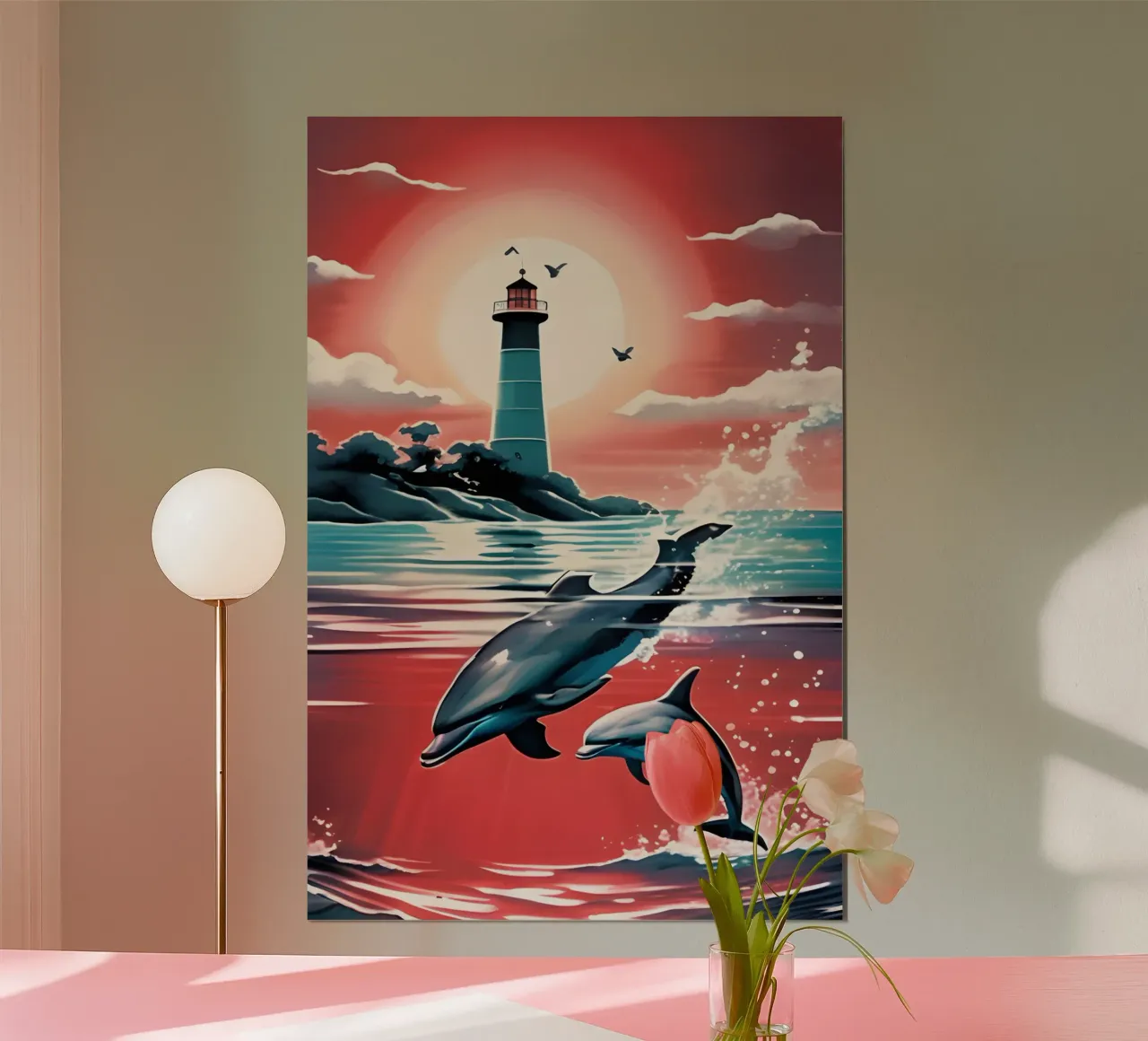 Sonnenuntergang und Leuchtturm poster con telaio in legno da kosinsart.gallery