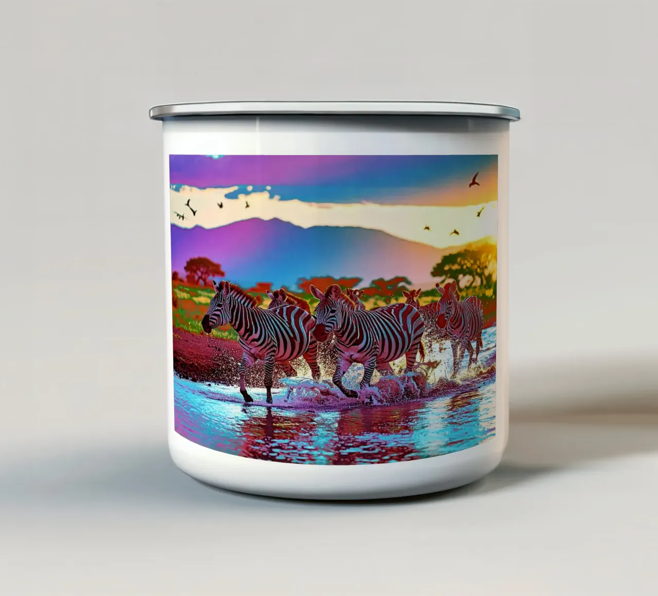 TROUPEAU DE ZEBRES AU SOLEIL COUCHANT. Couleur taza de esmalte de Thierry vobmann photography