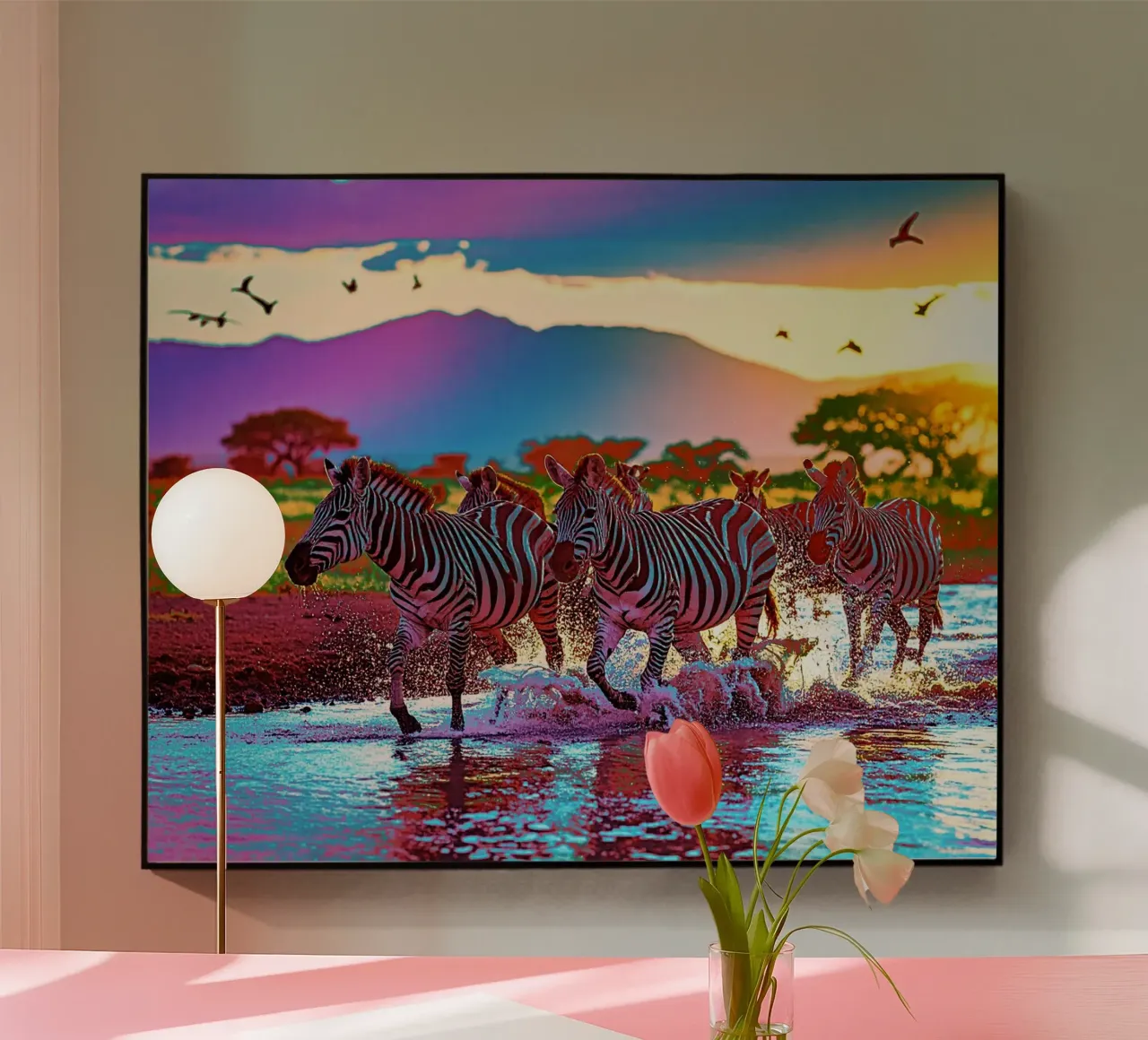 TROUPEAU DE ZEBRES AU SOLEIL COUCHANT. Couleur Acryl-Glas von Thierry vobmann photography