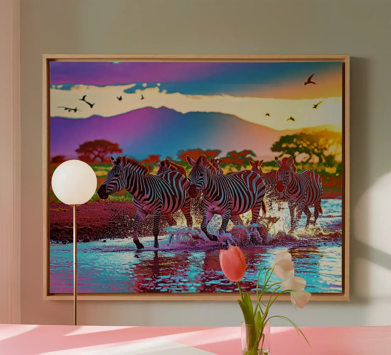TROUPEAU DE ZEBRES AU SOLEIL COUCHANT. Couleur canvas by Thierry vobmann photography