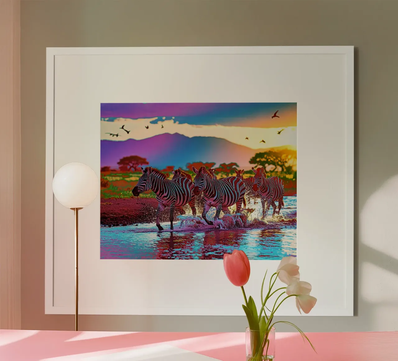 TROUPEAU DE ZEBRES AU SOLEIL COUCHANT. Couleur poster da Thierry vobmann photography