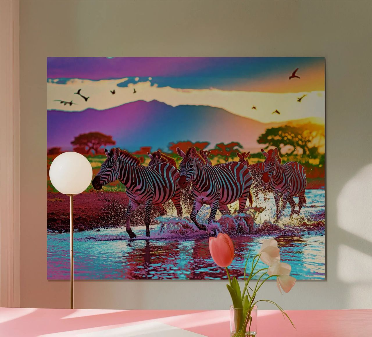 TROUPEAU DE ZEBRES AU SOLEIL COUCHANT. Couleur poster da Thierry vobmann photography