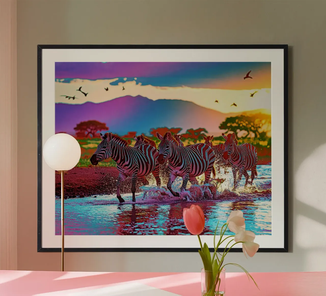 TROUPEAU DE ZEBRES AU SOLEIL COUCHANT. Couleur poster da Thierry vobmann photography