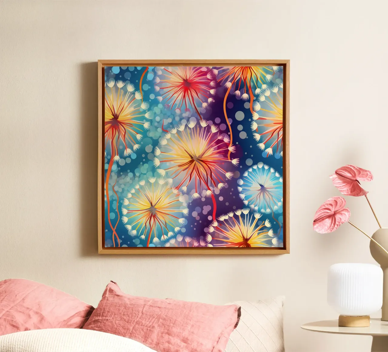 Cosmic Bloom Dandelions canvas with Floater frame by Botanical Pattern House