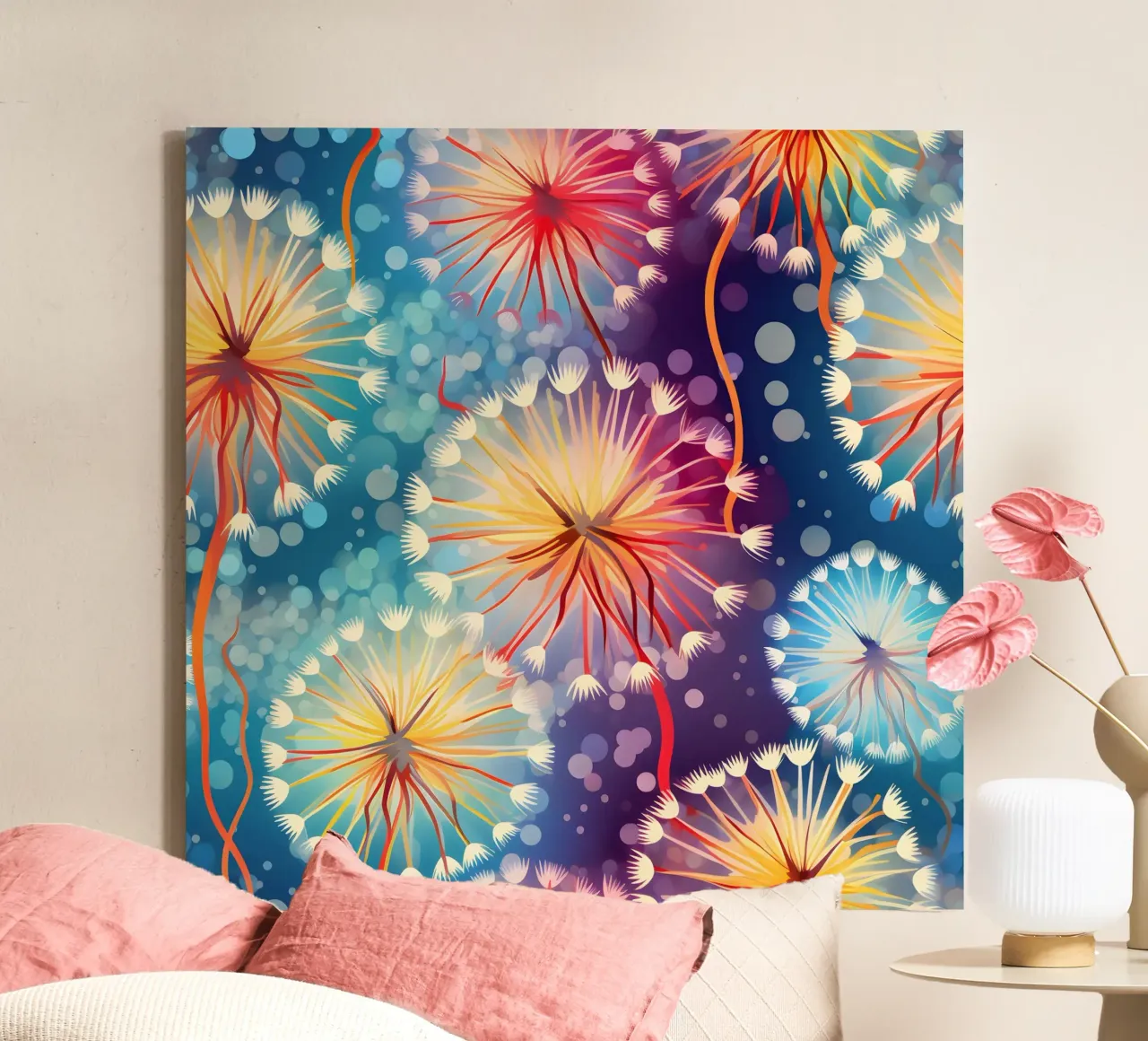 Cosmic Bloom Dandelions canvas with Floater frame by Botanical Pattern House