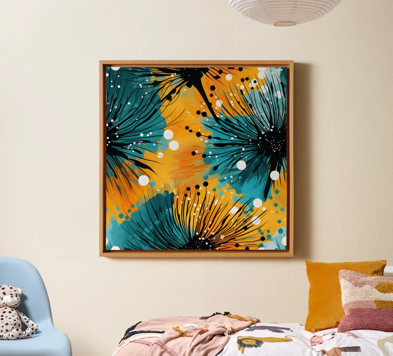 Cosmic Bloom Dandelions canvas with Floater frame by Botanical Pattern House