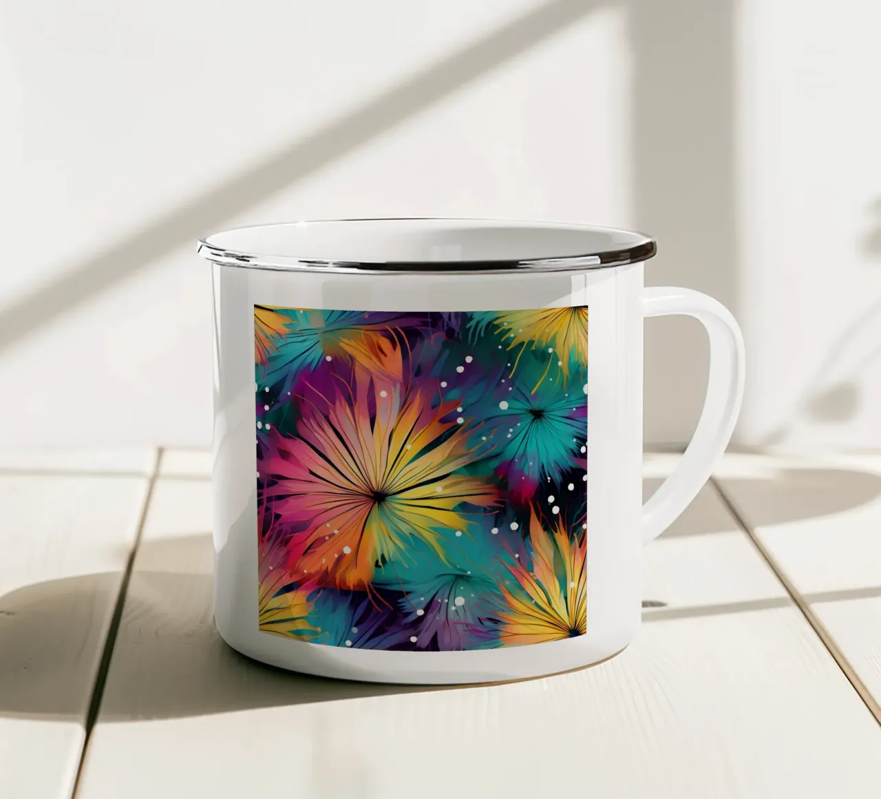 Dente di leone a fioritura cosmica tazza in smalto da Botanical Pattern House