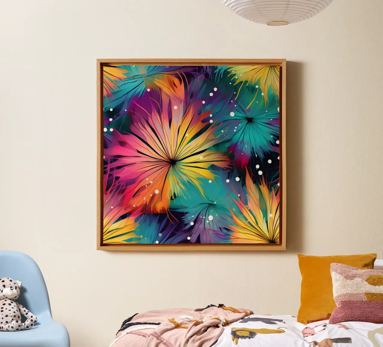 Cosmic Bloom Dandelions canvas with Floater frame by Botanical Pattern House