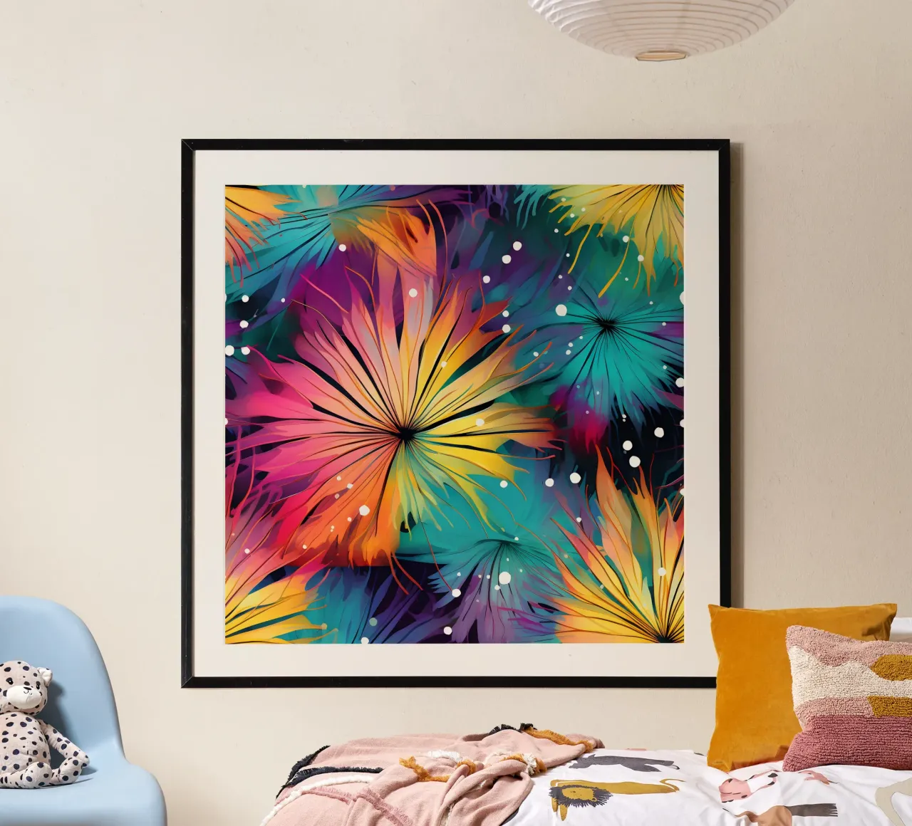 Dente di leone a fioritura cosmica poster con telaio in legno da Botanical Pattern House