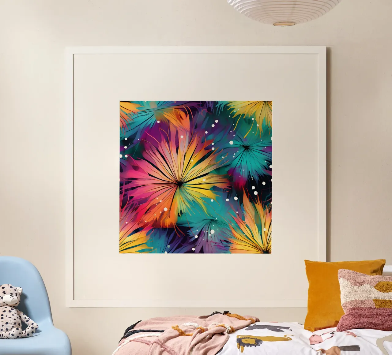 Dente di leone a fioritura cosmica poster con telaio in legno da Botanical Pattern House