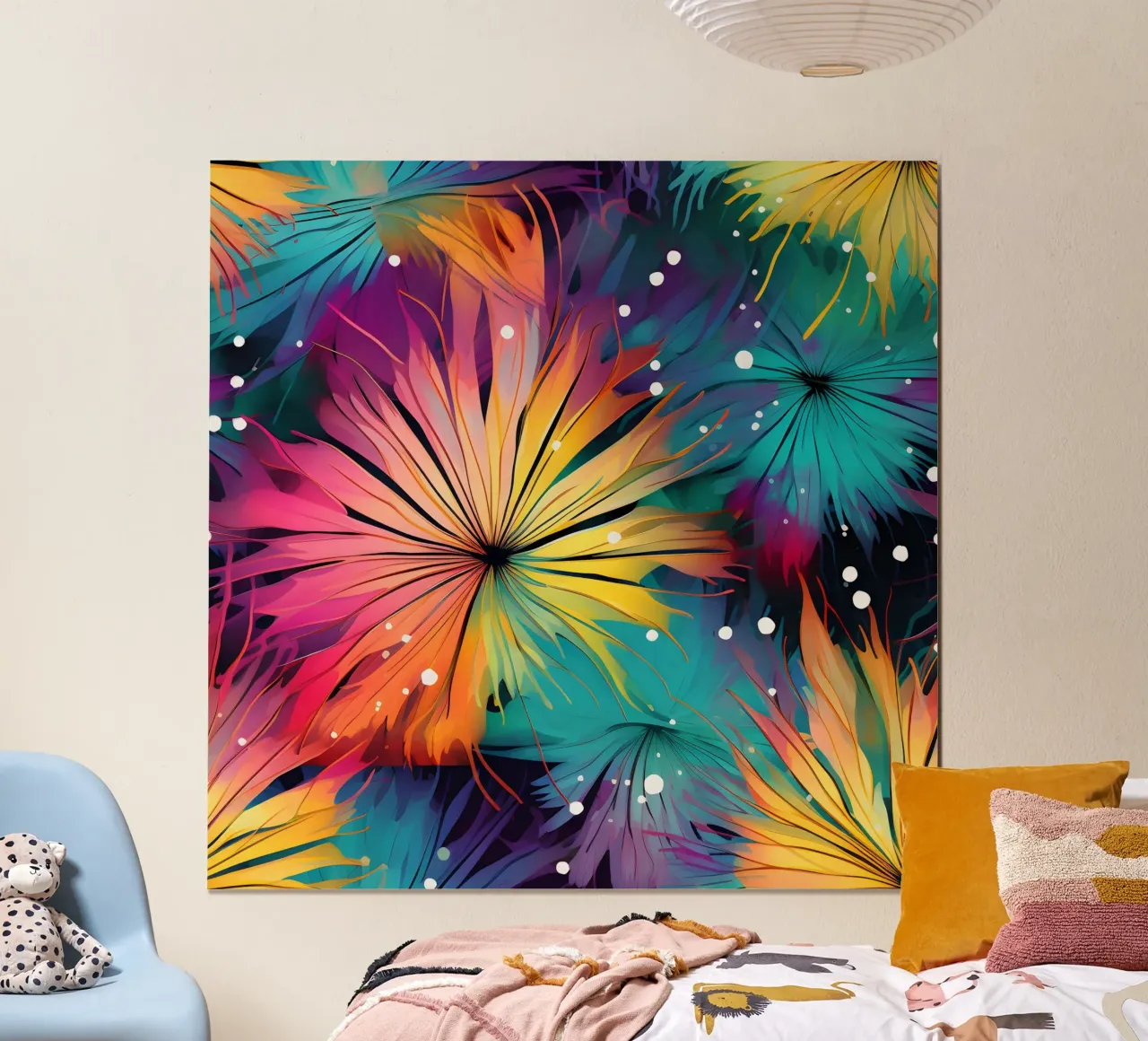 Dente di leone a fioritura cosmica poster con telaio in legno da Botanical Pattern House