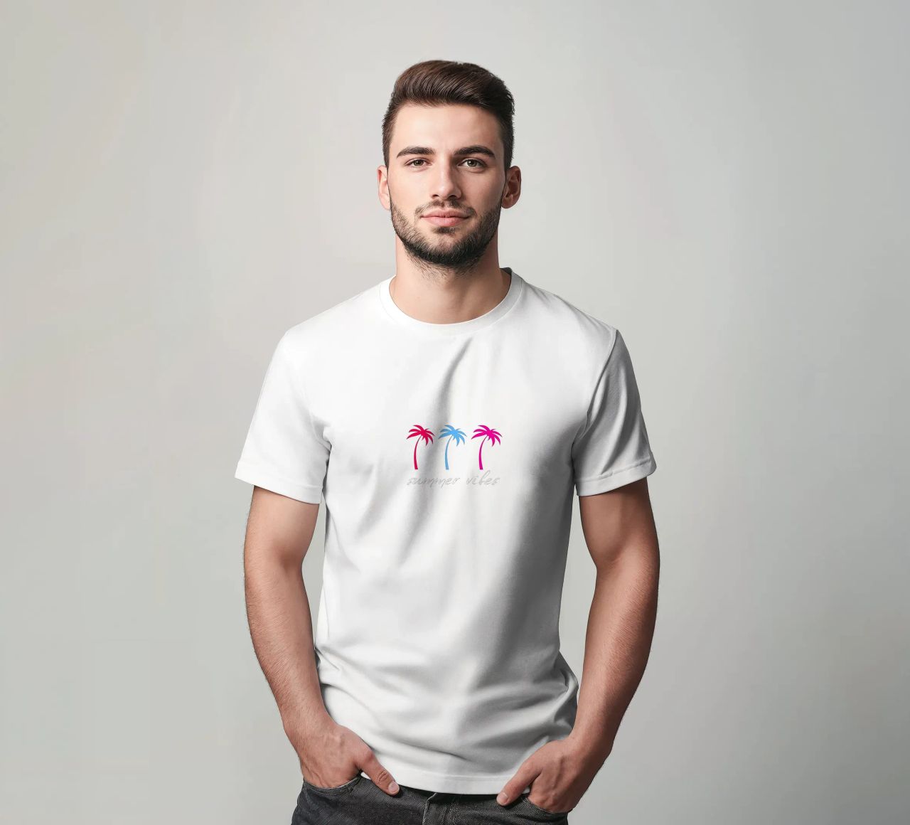 Scrittura Summer Vibes con palme colorate t-shirt da ArtDesign by KBK