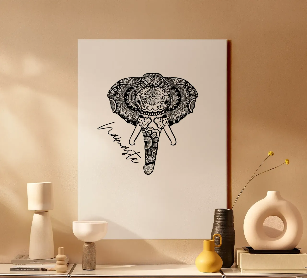 Elefante Namaste in stile mandala boho tela con Cornice a cassetta da ArtDesign by KBK