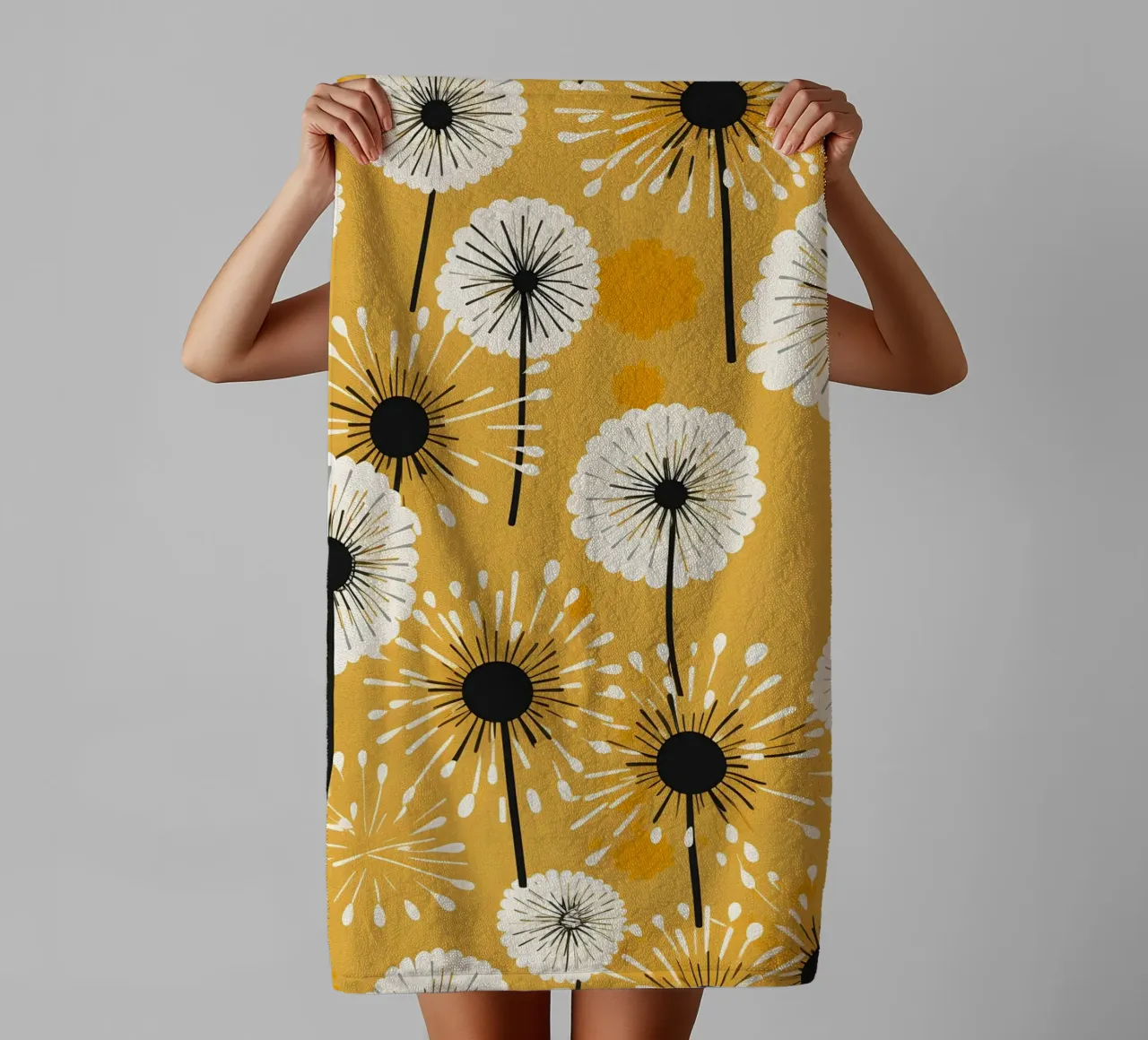Golden Dandelion Fields towel by Botanical Pattern House