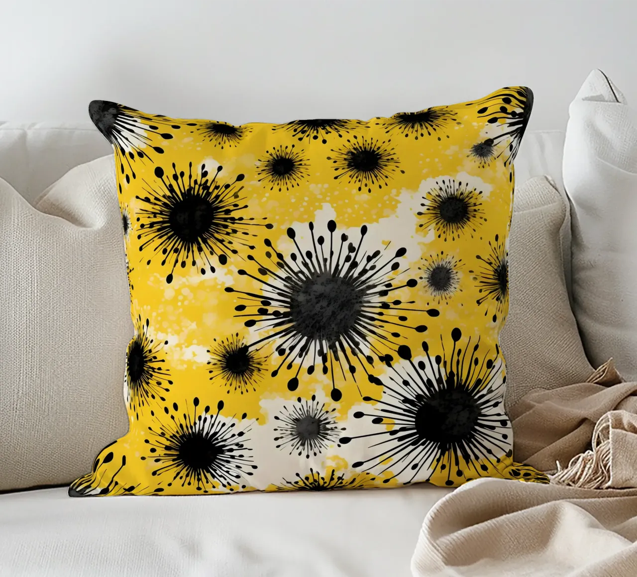 Golden Dandelion Fields decorative cushion by Botanical Pattern House