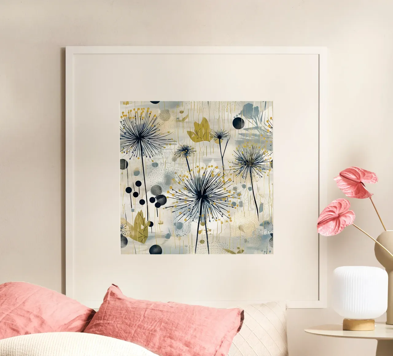 Goldener Löwenzahn tanzt Poster mit Holzrahmen von Botanical Pattern House