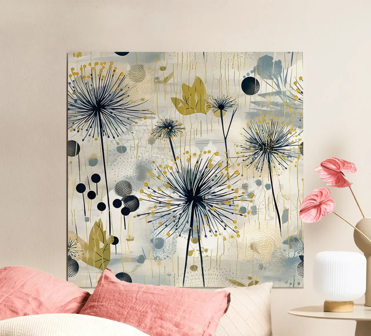 Goldener Löwenzahn tanzt Poster mit Holzrahmen von Botanical Pattern House