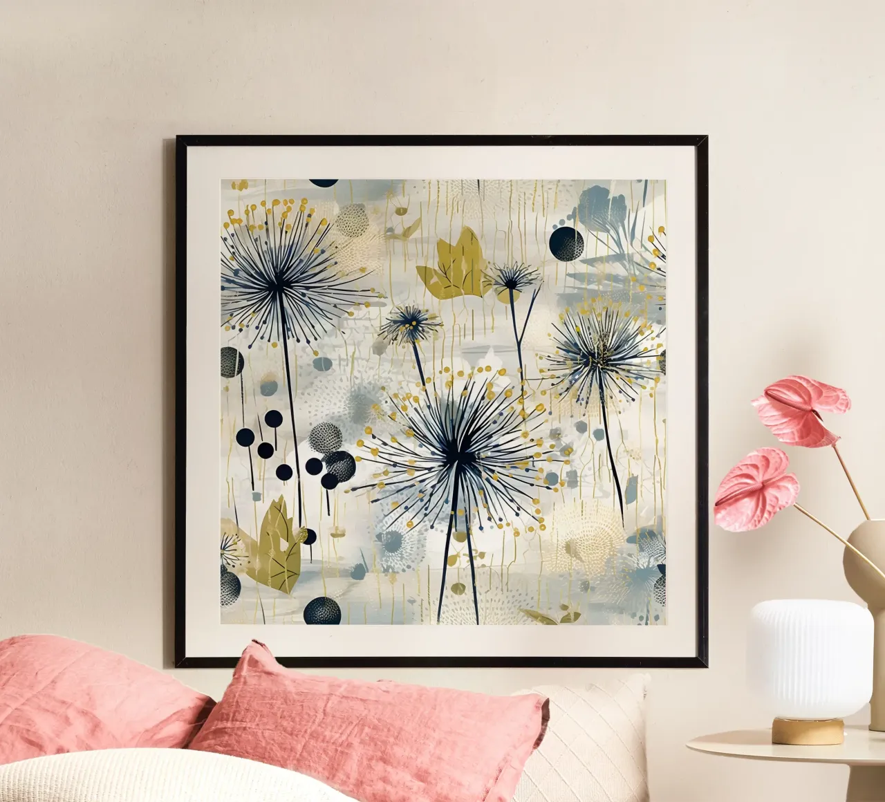 Goldener Löwenzahn tanzt Poster mit Holzrahmen von Botanical Pattern House