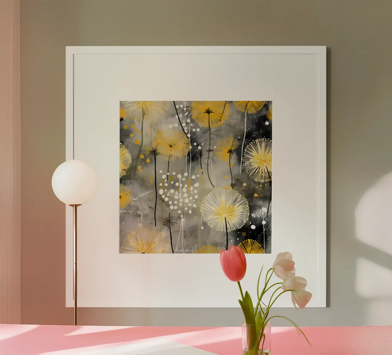 Danza dei denti di leone dorati poster con telaio in legno da Botanical Pattern House
