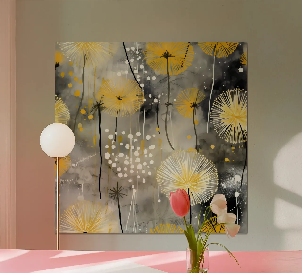 Danza dei denti di leone dorati poster con telaio in legno da Botanical Pattern House
