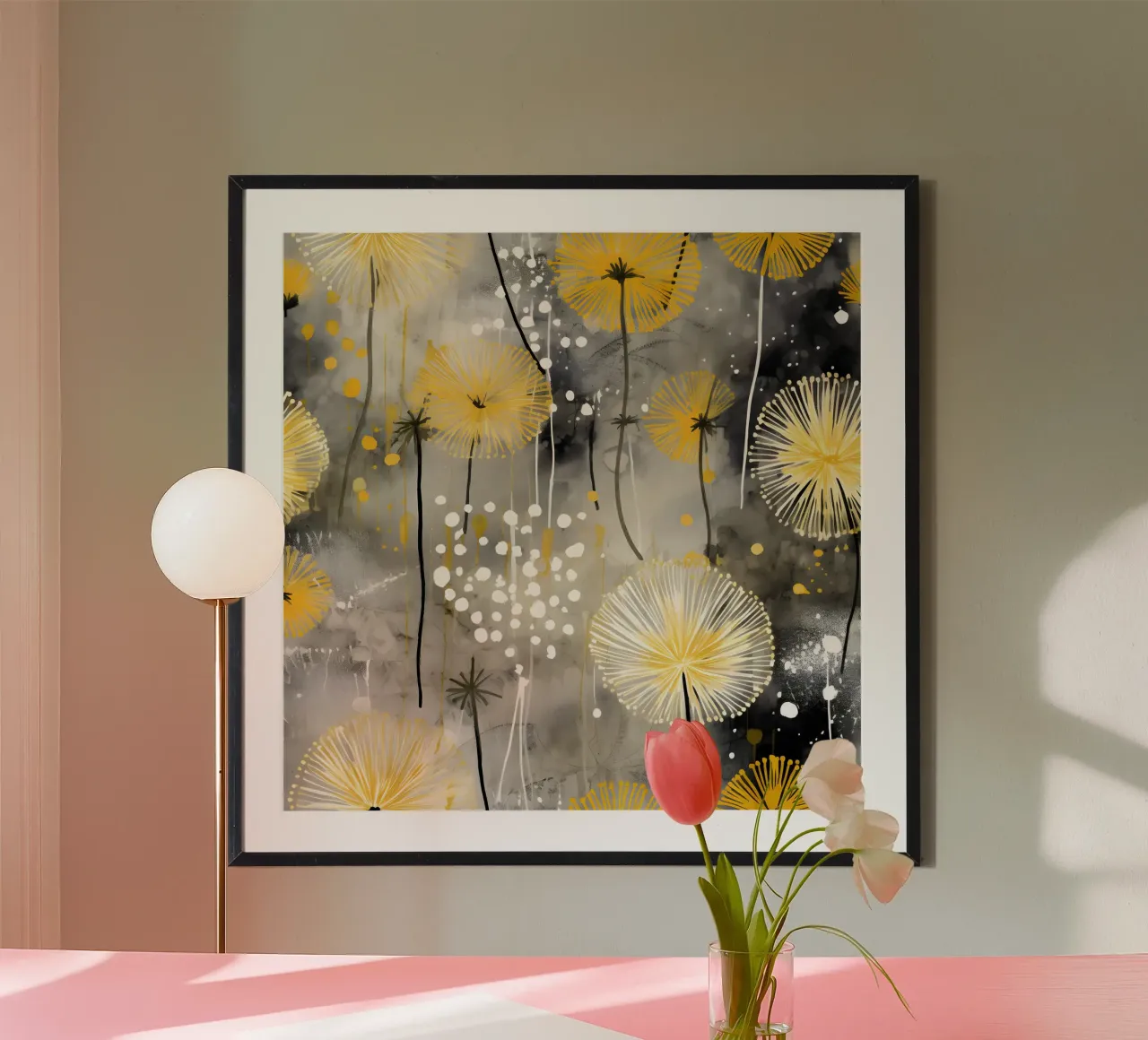 Danza dei denti di leone dorati poster con telaio in legno da Botanical Pattern House
