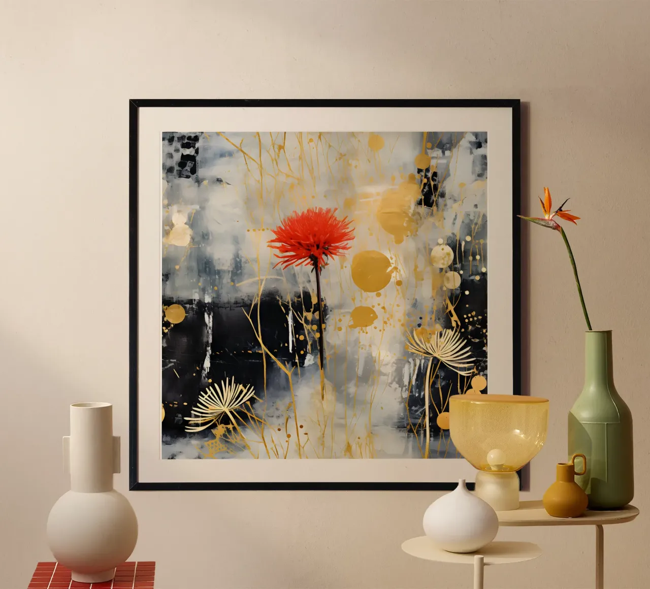 Danza dei denti di leone dorati poster con telaio in alluminio da Botanical Pattern House