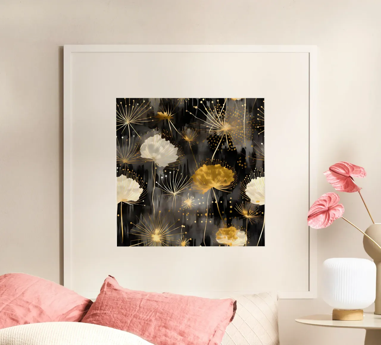Denti di leone in lamina d'oro poster con telaio in alluminio da Botanical Pattern House