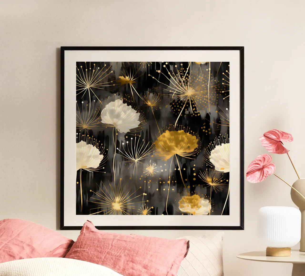 Denti di leone in lamina d'oro poster con telaio in alluminio da Botanical Pattern House