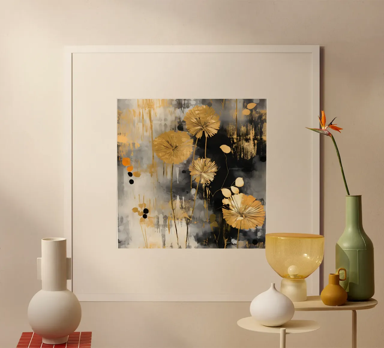 Denti di leone in lamina d'oro poster con telaio in legno da Botanical Pattern House