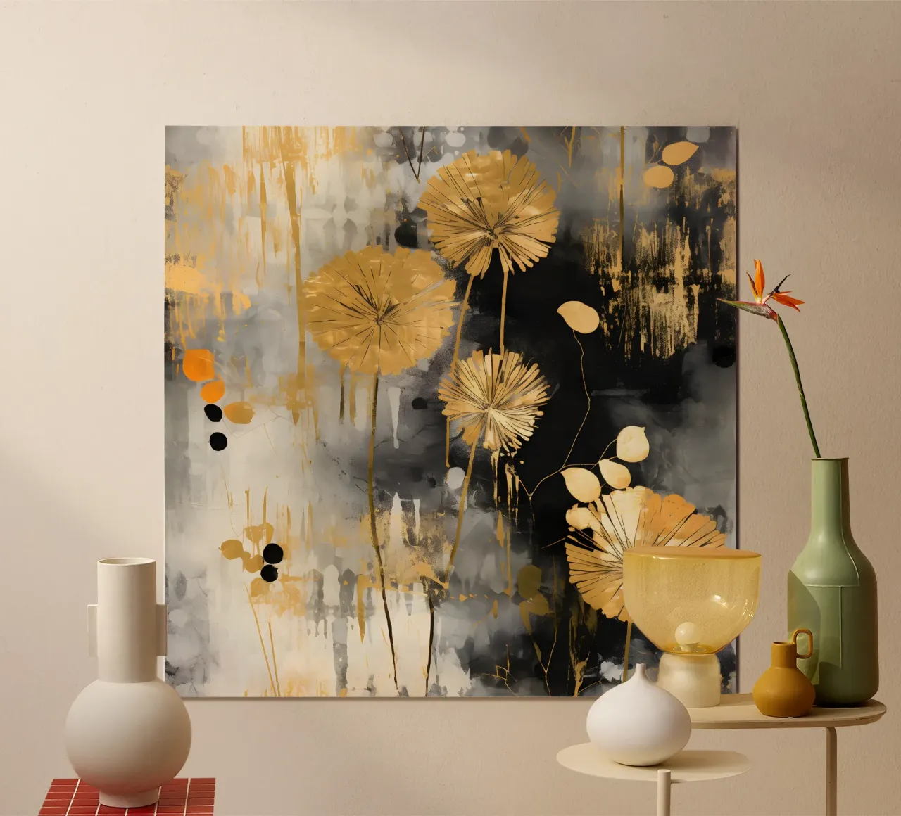 Denti di leone in lamina d'oro poster con telaio in legno da Botanical Pattern House