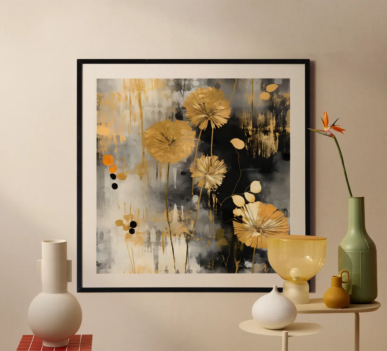 Denti di leone in lamina d'oro poster con telaio in legno da Botanical Pattern House
