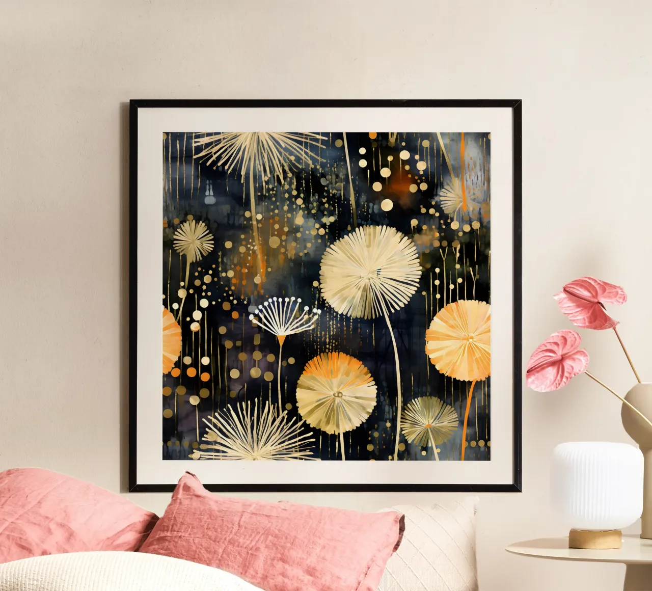 Denti di leone in lamina d'oro poster con telaio in plastica da Botanical Pattern House