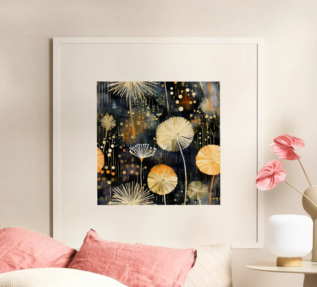 Denti di leone in lamina d'oro poster con telaio in plastica da Botanical Pattern House