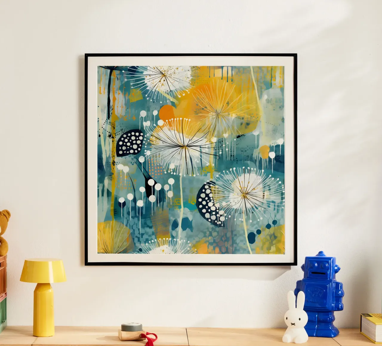 Denti di leone impressionisti poster con telaio in alluminio da Botanical Pattern House