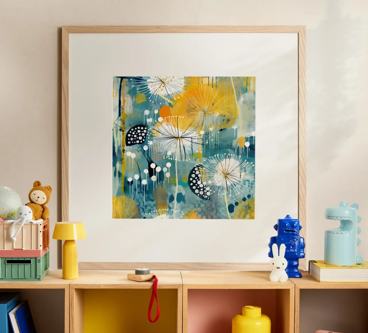 Denti di leone impressionisti poster con telaio in alluminio da Botanical Pattern House
