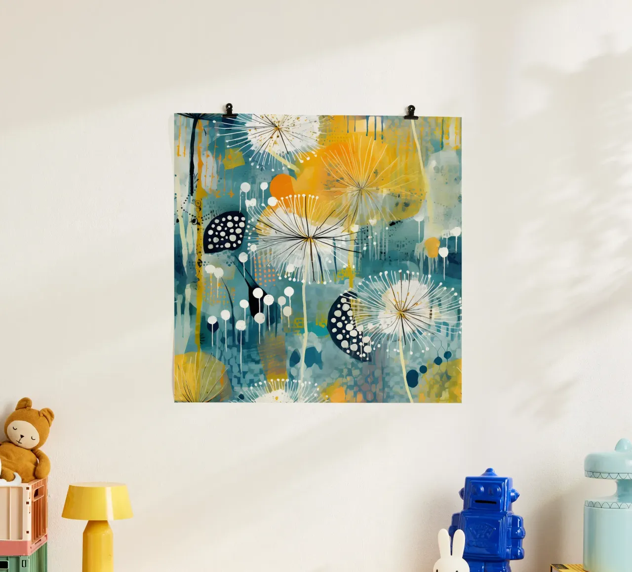 Denti di leone impressionisti poster con telaio in alluminio da Botanical Pattern House