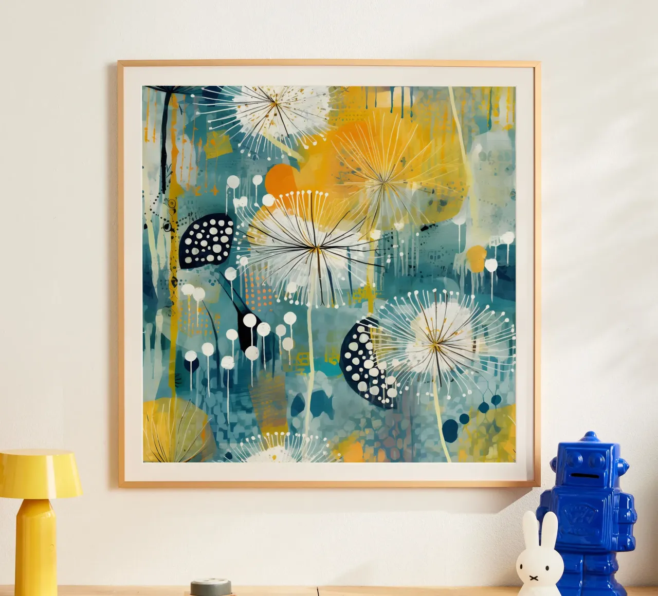 Denti di leone impressionisti poster con telaio in alluminio da Botanical Pattern House